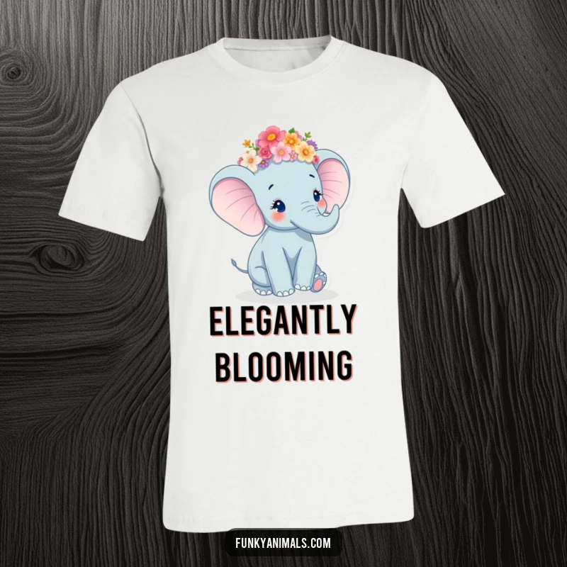Funny Elephant T-Shirt showing a happy elephant wearing a flower crown and twirling with glee.
