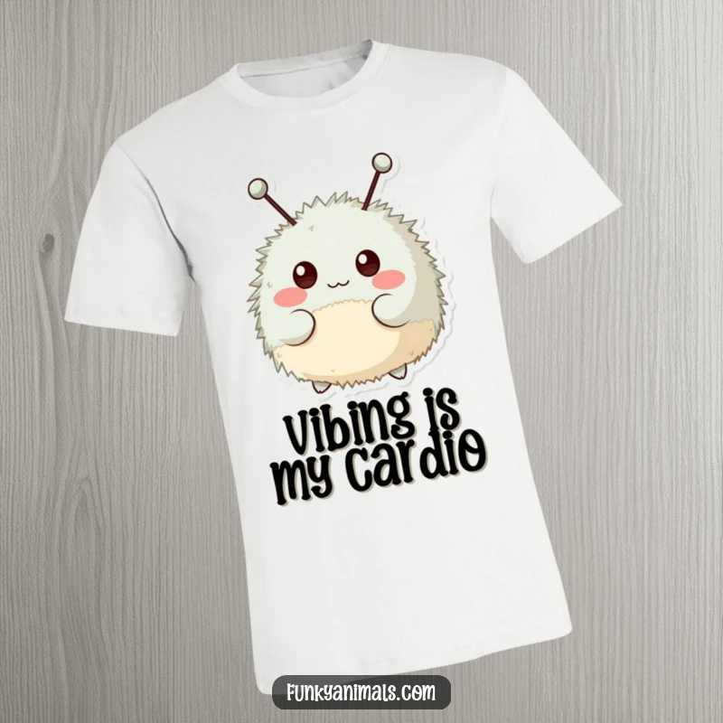 Funny t-shirt with a fuzzy, round creature sporting antennae, bopping its head enthusiastically to a rhythm.