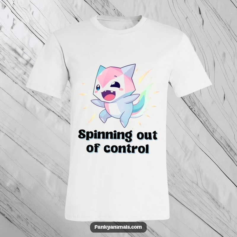 Funny Geometric Creature T-Shirt depicting a spinning, glowing geometric alien, radiating pure excitement.