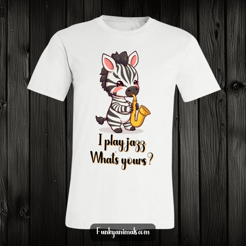 Funny t-shirt showcasing a jazzy zebra cub playing a saxophone with energetic flair and musical passion.