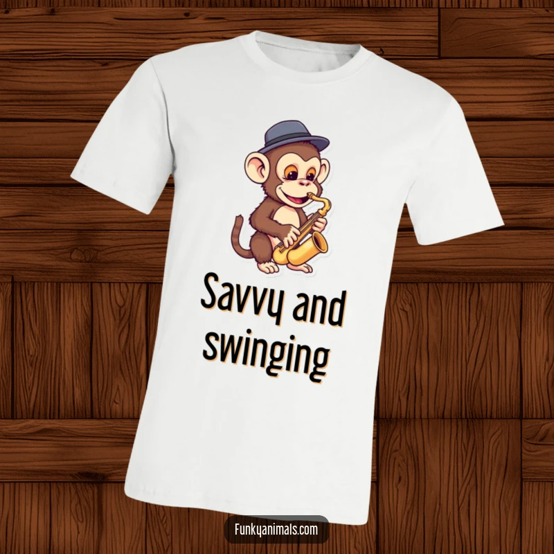 Funny monkey t-shirt featuring a funky ape in a small fedora, skillfully playing a miniature saxophone, exuding jazz coolness.