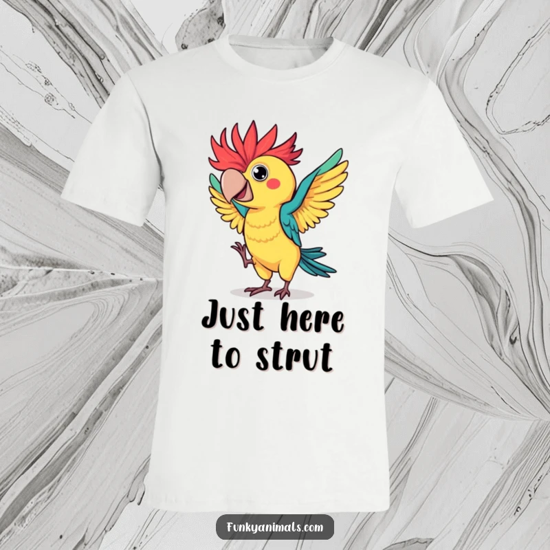Funny parrot t-shirt showcasing a colorful bird with spiky head feathers doing a hilarious, flamboyant dance, full of energy and personality.