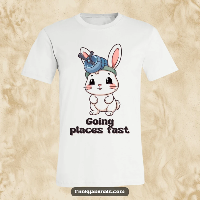 Funny Rabbit T-Shirt showing a rabbit wearing a propeller beanie, looking eager and ready for flight.