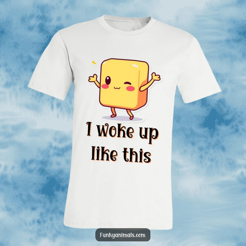 Funny t-shirt showcasing a colorful square block character busting out a joyful, spontaneous shimmy dance move.
