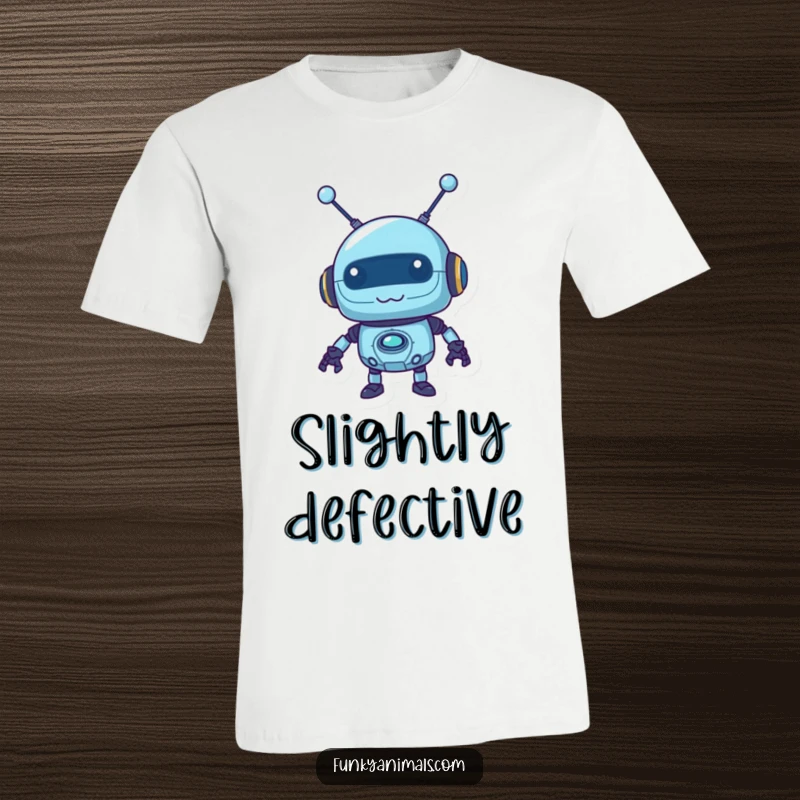 Funny blue robot t-shirt with a mischievous look and wobbly antennas, a humorous and quirky piece of apparel.