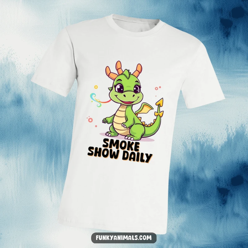 Funny green dragon t-shirt with a goofy, wide smile blowing colorful smoke rings, a humorous and whimsical design for gifts.