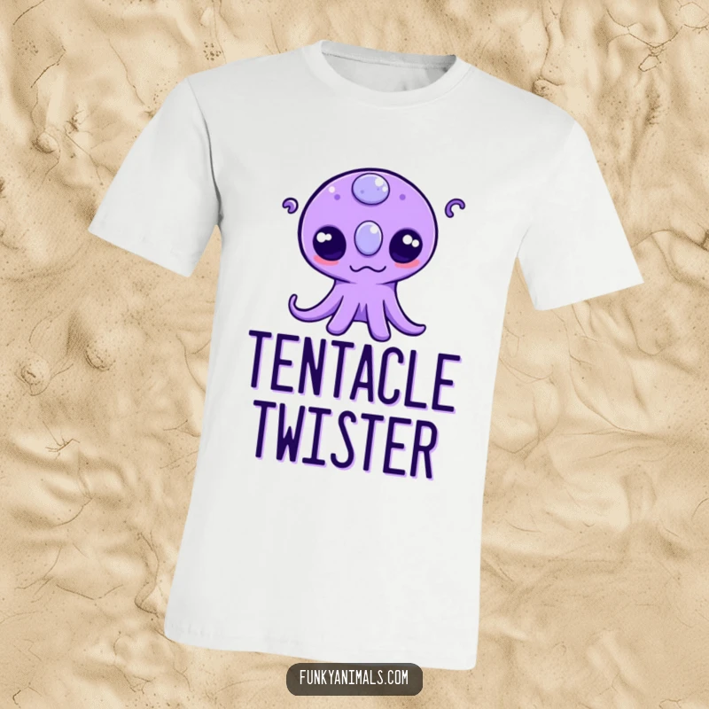Funny t-shirt depicting a purple alien creature with three eyes wiggling its tentacles, radiating quirky energy and cosmic fun.