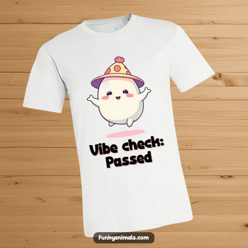 Funny abstract blob creature in a funky hat, bouncing energetically, printed on a comfortable t-shirt, showcasing whimsical and abstract art.