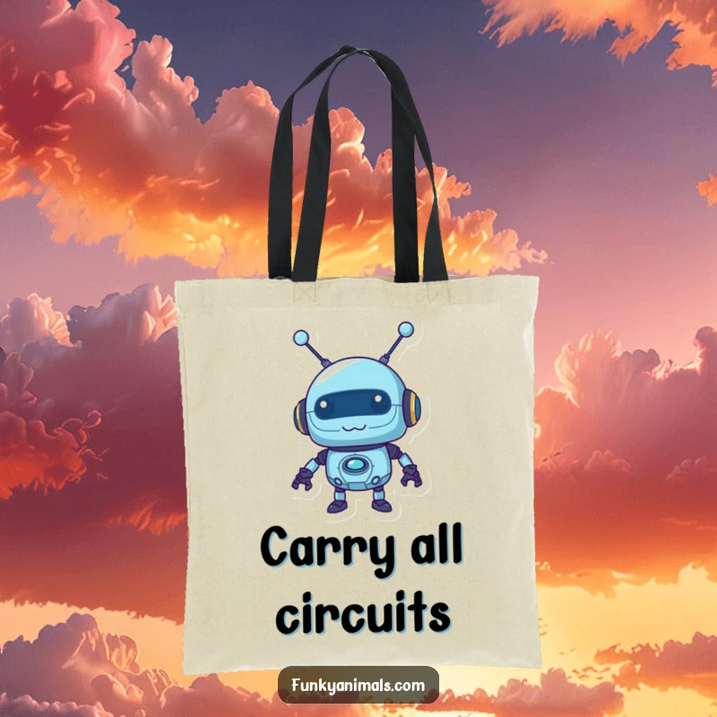 Funny blue robot tote bag with a mischievous expression and wobbly antennas, a practical and humorous accessory for tech fans.