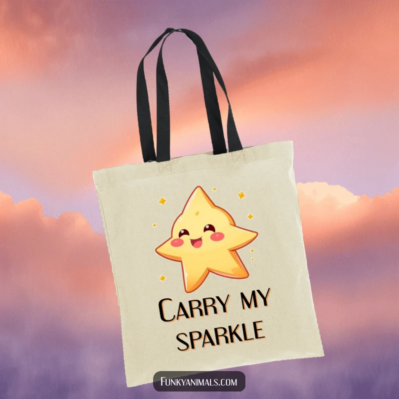 Funny sparkly orange star creature tote bag, captured spinning with delight, a practical and humorous accessory.