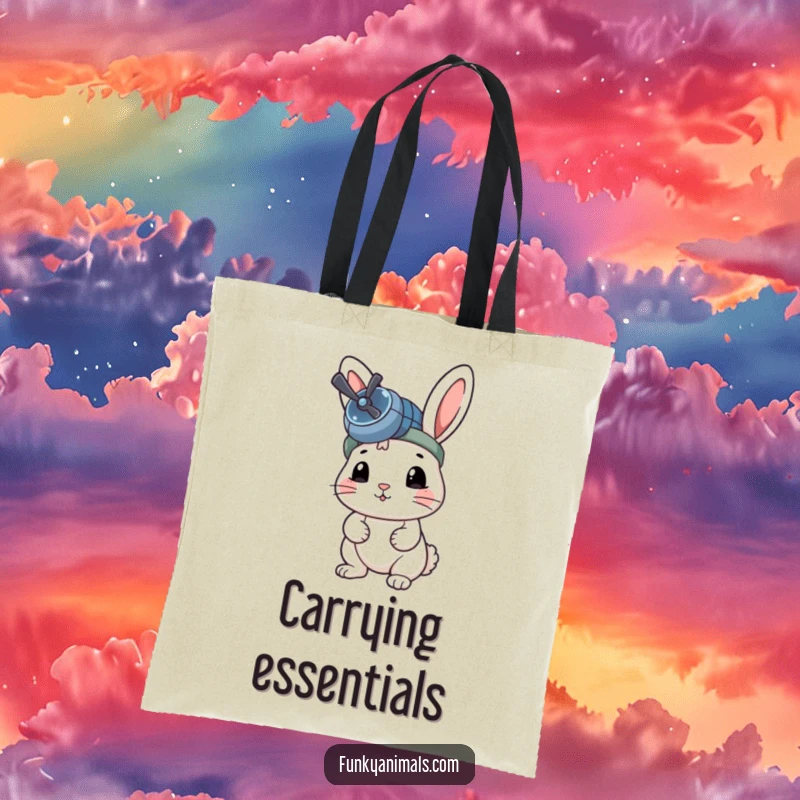 Funny Rabbit Tote Bag showcasing a rabbit sporting a propeller beanie, ready to embark on an adventure.