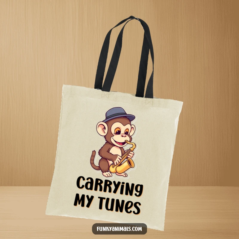 Funny monkey tote bag featuring a funky ape in a fedora, playing a miniature saxophone, great for everyday use.