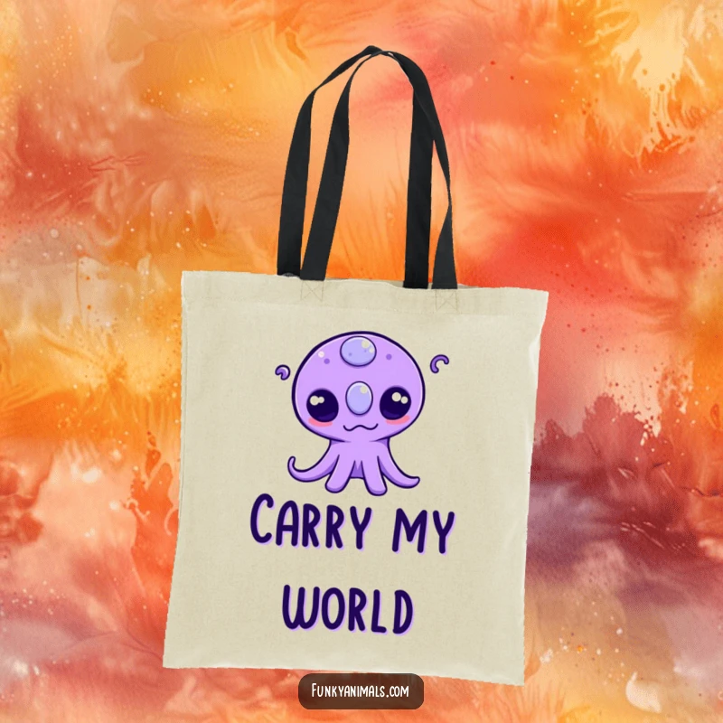 Funny tote bag showcasing a purple alien with three eyes wiggling its tentacles, perfect for carrying groceries or gear with a touch of whimsy.