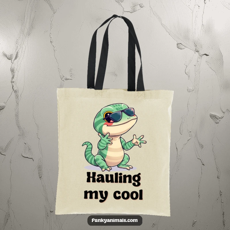 Funny lizard tote bag featuring a jazzy reptile with stripes, snapping its fingers to a beat, practical and stylish.