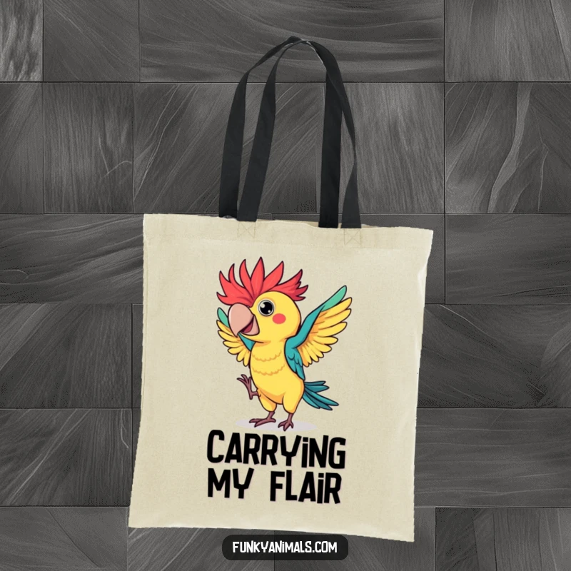 Funny parrot tote bag featuring a colorful bird with wild, spiky feathers performing a hilarious flamboyant dance, spacious and stylish.