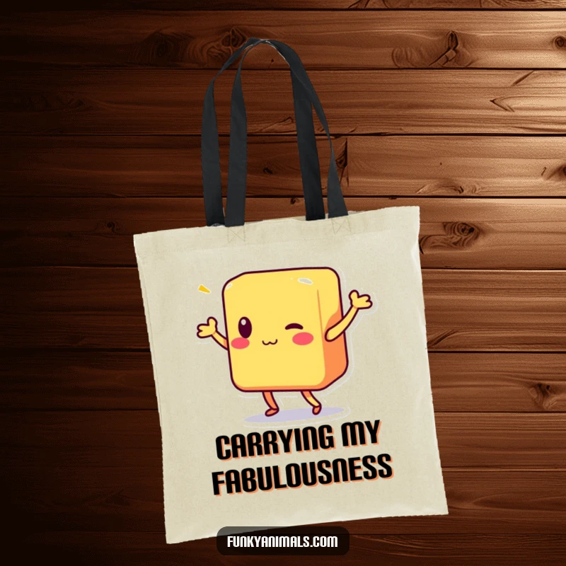 Funny tote bag with a colorful square block character energetically performing a spontaneous shimmy dance.