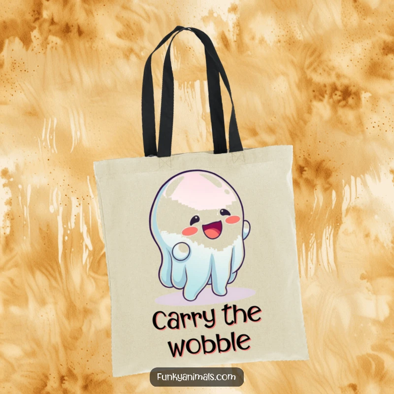Funny tote bag with a wobbly, gelatinous creature performing a rhythmic wobble, ready to carry your items with jiggly style.