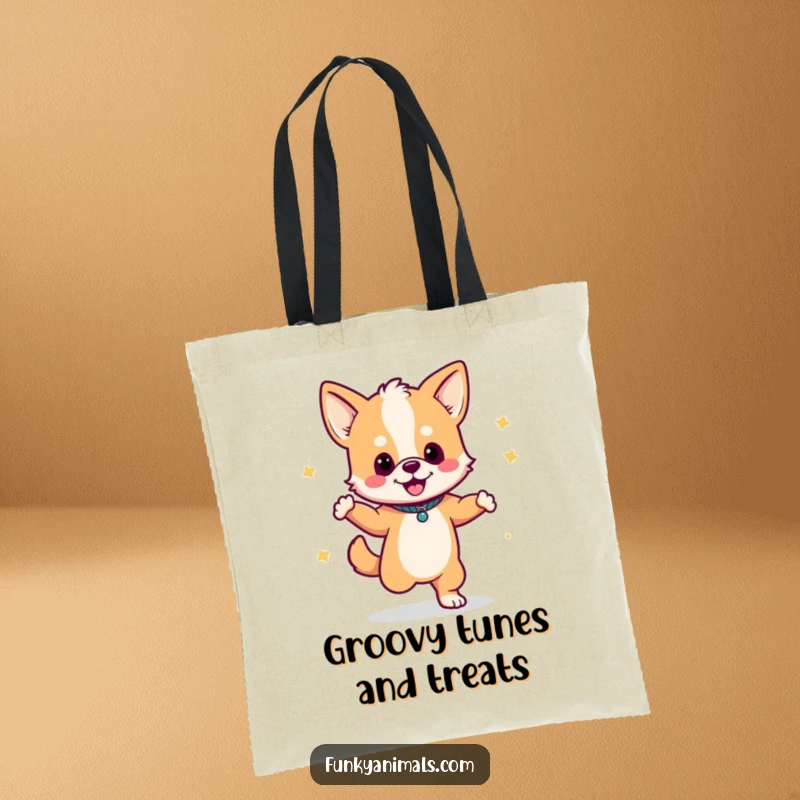 Funny tote bag featuring a dog cub energetically dancing with a boombox, perfect for music lovers.