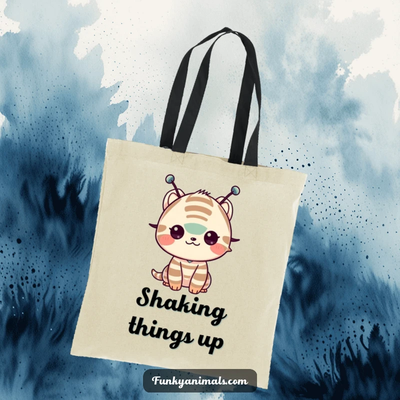 Funny tote bag with a striped creature and antennae shimming its shoulders, ready to carry your items with flair.